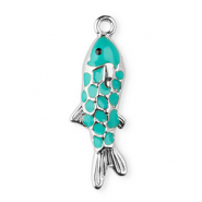 Roestvrij stalen (RVS) Stainless steel bedels enamel vis Silver-turquoise green