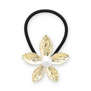 Haaraccessoires haarelastiek met metaal bloem met imitatieparel Gold-black-white