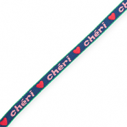 BY31® Lint met tekst "Chéri" Dark blue-light pink-red-green