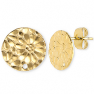 Roestvrij stalen (RVS) Stainless steel onderdelen oorbellen / oorstekers rond met bloem met oogje Gold